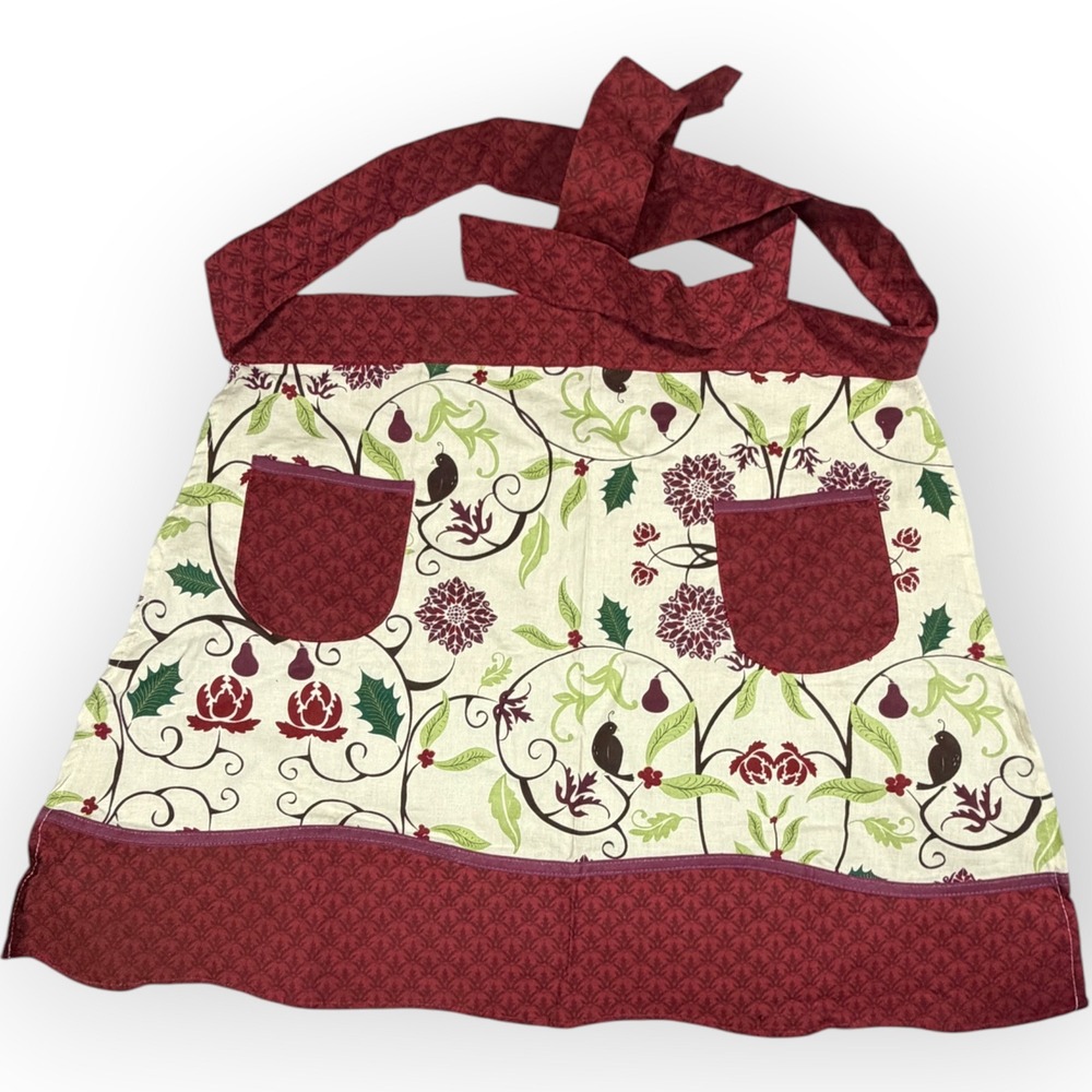Now Designs Burgundy Christmas Partridge Bird Pear Cotton Half Apron‎ Pockets